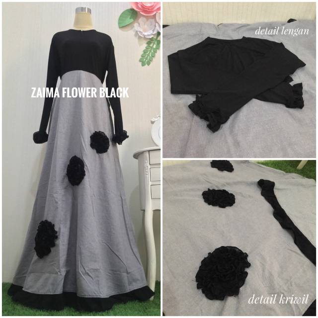 Gamis syari zaima flower black&pink ORI anisa modish