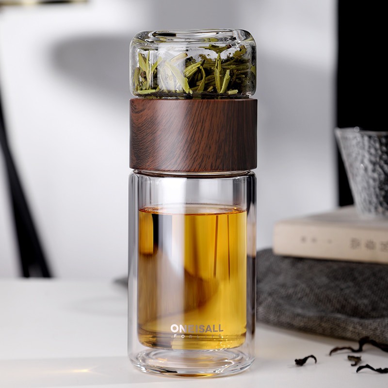 tumbler teapot infuser wooden handle / tea pot infuse water botol minum kaca double wall handle kayu ( menerima custom LOGO )