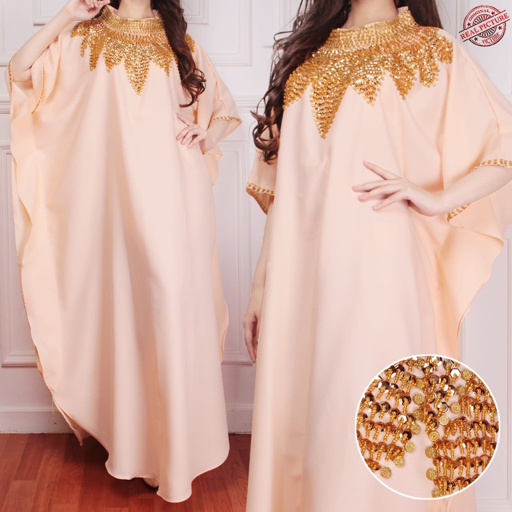 HOPYLOVY - Dress Wanita Model Kaftan Kombinasi Manik Matahari bahan Wollcrepe