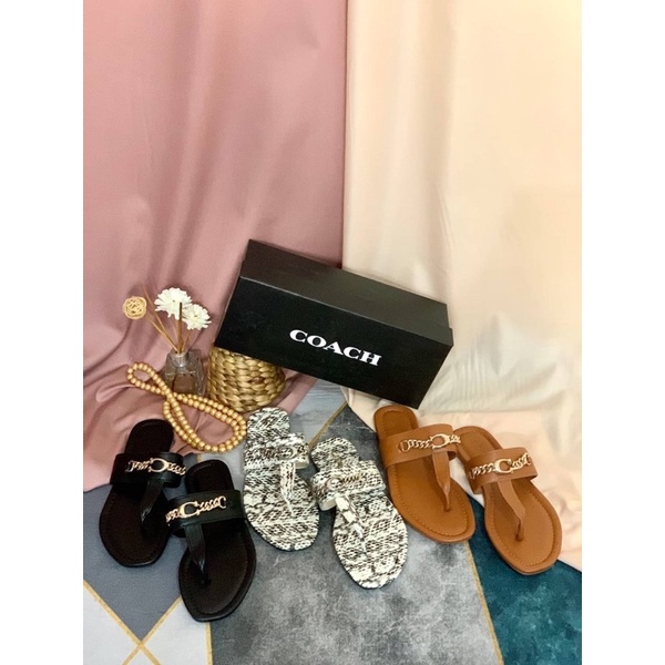 Sepatu Sendal Kulit Jepit Teplek Datar Wanita CH Leather Flat Sandal Premium Import Chain Hitam Blac