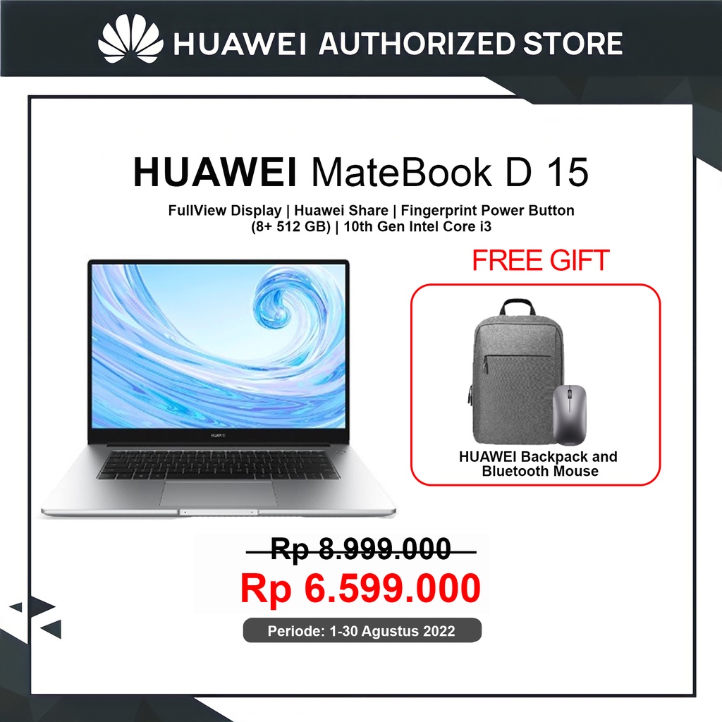 HUAWEI MateBook D15 i3 Laptop [i3/8GB/256GB SSD] | Free Backpack + Mouse Bluetooth