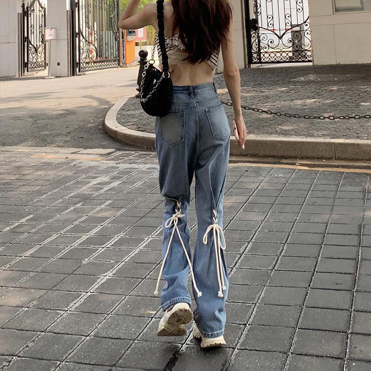 Suhao Perasaan Pinggang Tinggi dengan Tali Lurus Longgar Jeans Wanita Baru Terbungkus Celana【8Dikiri