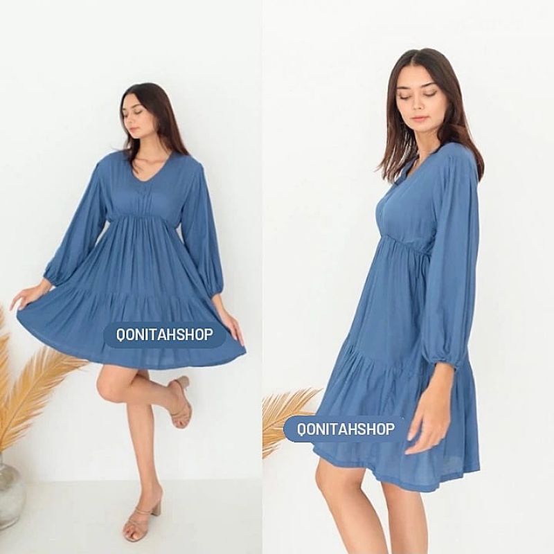 Dress Pendek Lengan Panjang Polos Basic Mini Dress Lengan Balon