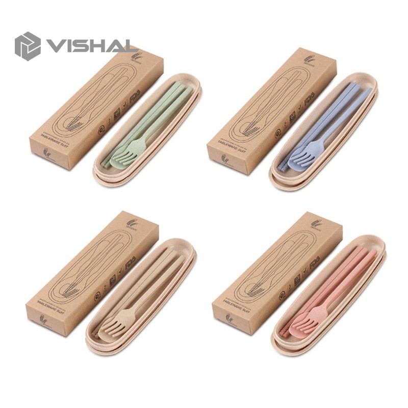 VISHAL 4 pcs Wheat straw Travel Cutlery Set Portabel Alat Makan Sendok Garpu Sumpit Chopsticks VS-23