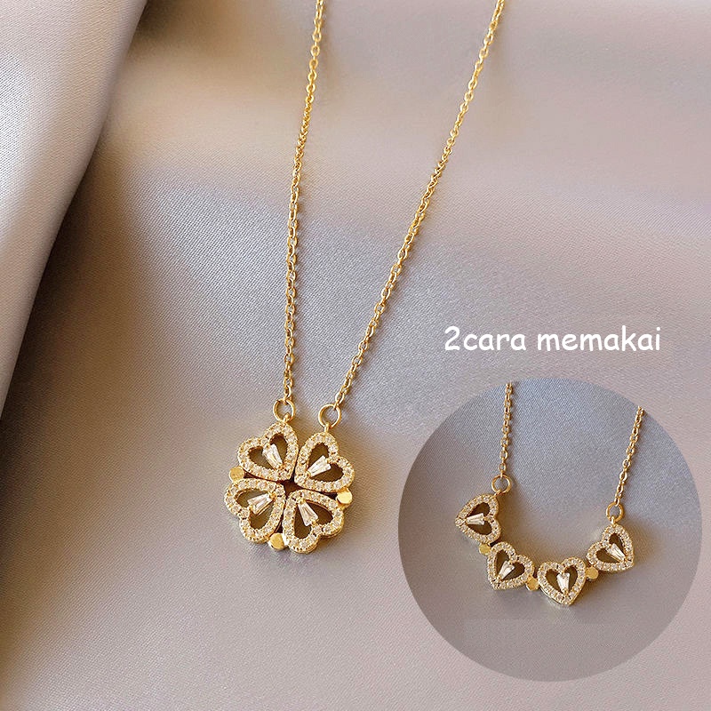 Kalung Titanium Wanita Proyeksi Bulan Hati &quot;I love you&quot; Berlian Kristal Emas 18k Anti Karat Perhiasan Korea