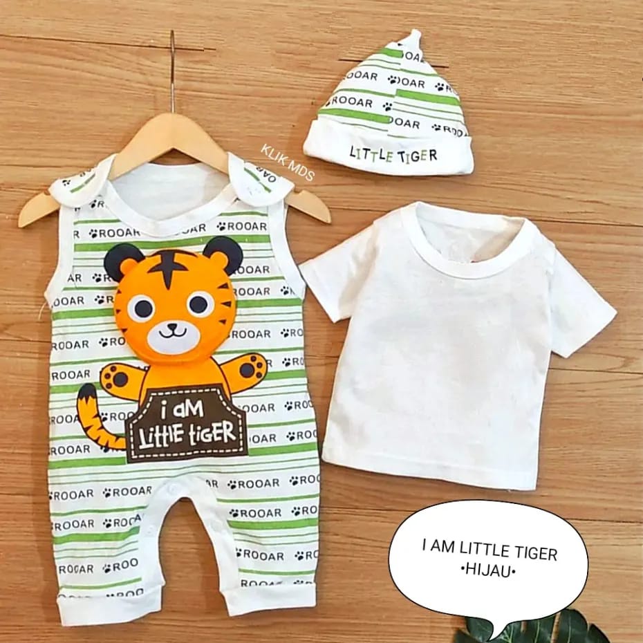 Jumper Bayi Laki-Laki 0-6 Bulan / Baju Anak Bahan Kaos Free Inner Dan Topi Motif I Am Little Tiger