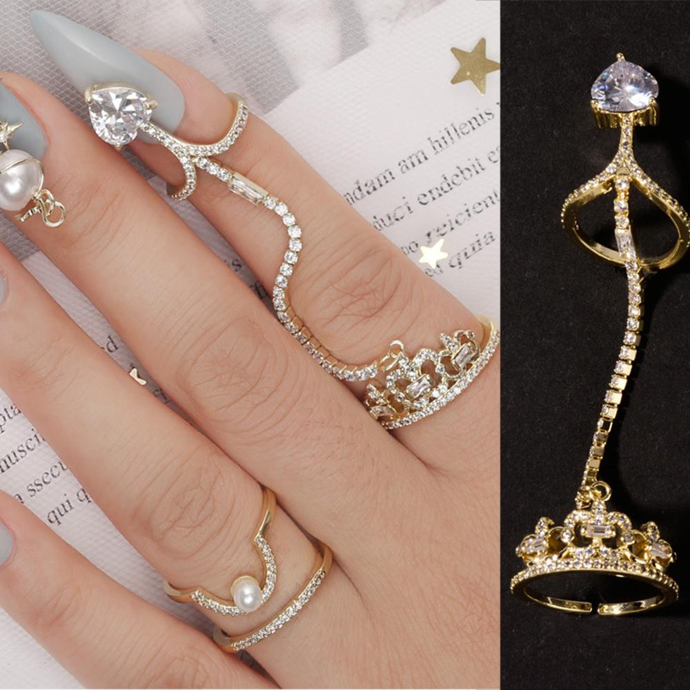 Mxbeauty Perhiasan Cincin Kuku Emas Perak Mahkota Liontin Rumbai Logam Zirkon Nail Art Dekorasi