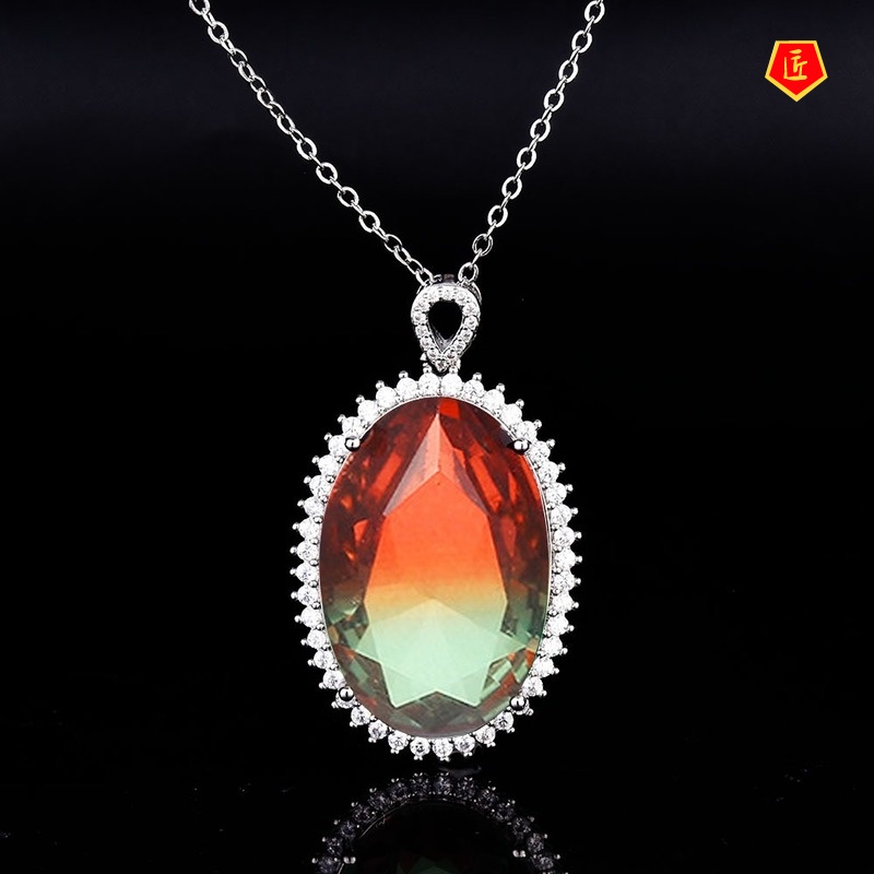 [Ready Stock]Colored Gems Watermelon Tourmaline Pendant Luxury Ruby Necklace for Women