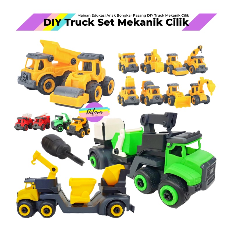 DIY Truck Mainan Edukasi Anak Mekanik Cilik Bongkar Pasang Konstruksi Pemadam Kebakaran Kebersihan K