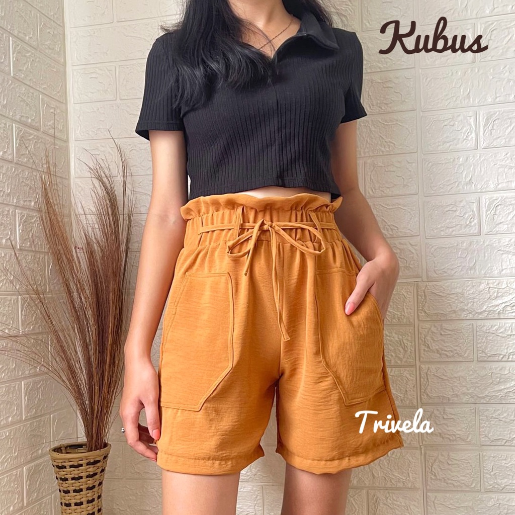 TRIVELA - Celana Pendek Crinkle Wanita 8801 / Hotpants Cringkle Kantong Tempel / Celana Pendek Pinggang Karet / Melyn / SJJ