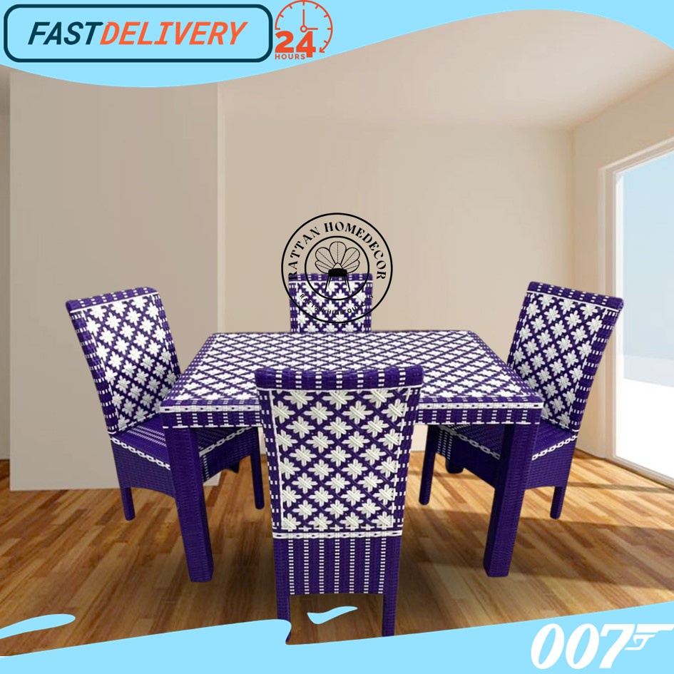 Set Meja Makan Kursi 4 Anyaman Rotan Sintetis Warna Warni Plus Jok Busa (TANPA KACA)