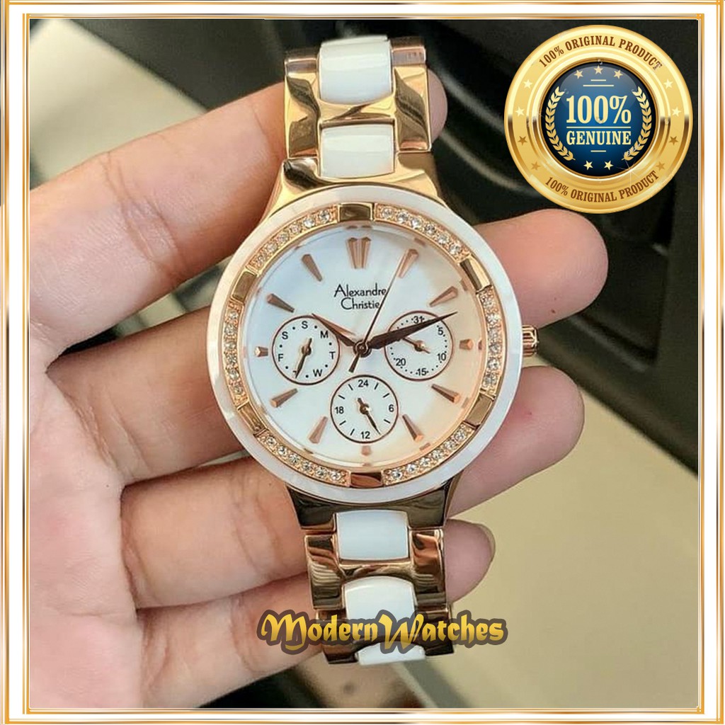 Jam Tangan Wanita Original Alexandre Christie AC 2299 Putih Rosegold Hitam Black keramik Strap