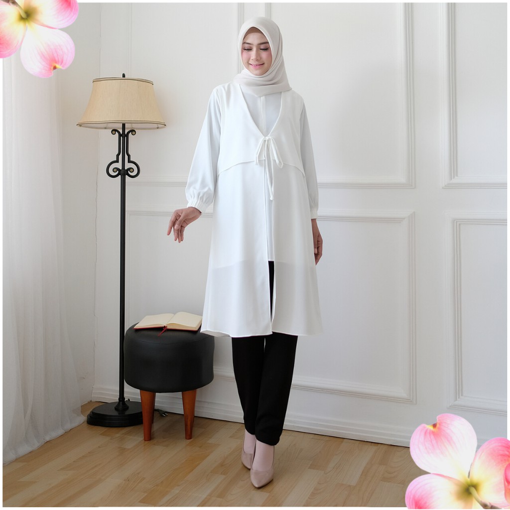 BUSUI FRIENDLY TUNIK PANJANG ZIPPER DEPAN ATASAN PUTIH POLOS ARINDA M1208