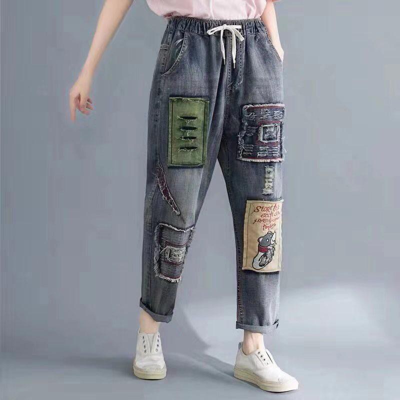CELANA DENIM BOYFRIEND JEANS PATCH SOBEK BORDIR BEAR KOREA IMPORT