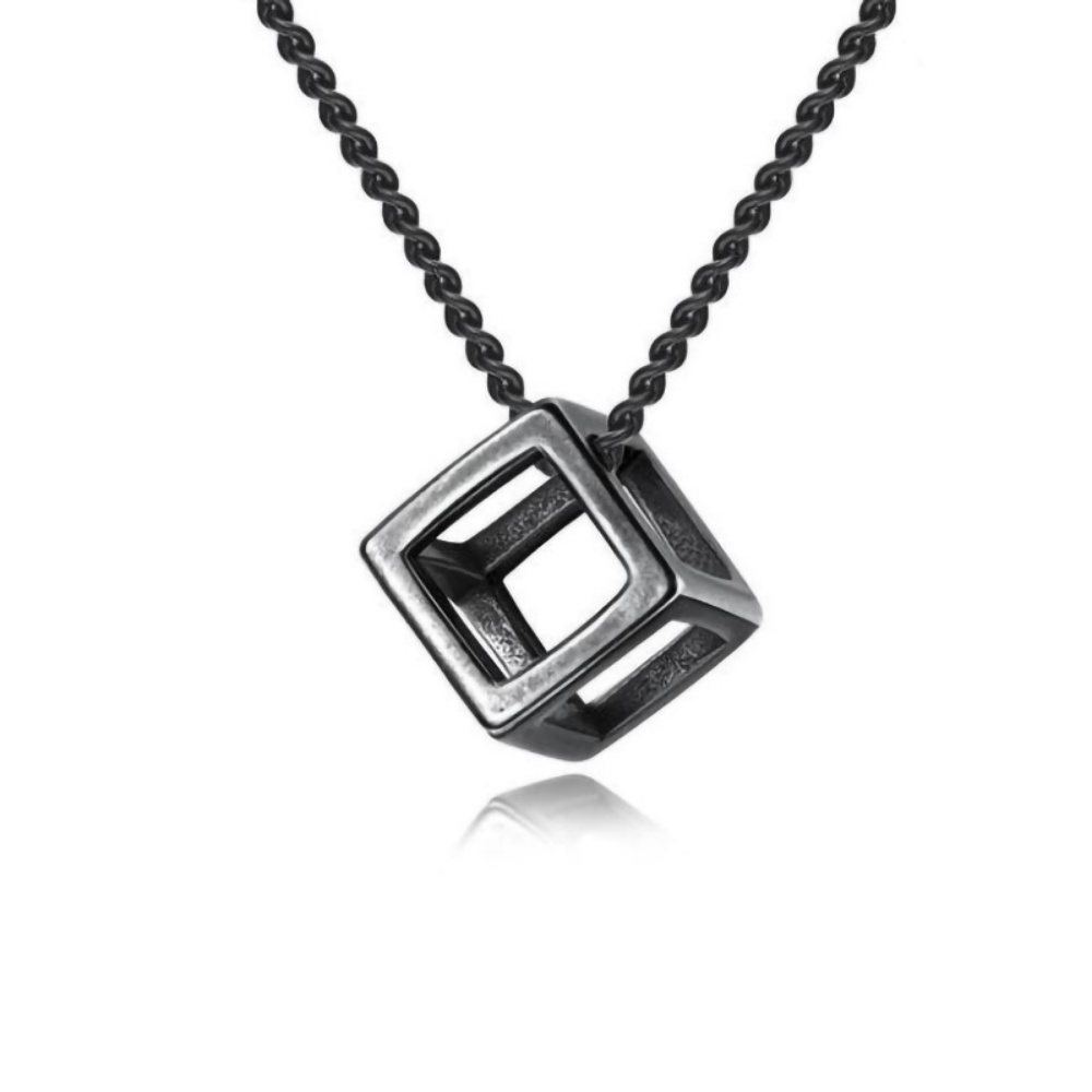 Kalung Liontin Kubus Rubik Hollow Out Bahan Titanium Warna Hitam Silver Gaya Retro Eropa Amerika Untuk Unisex