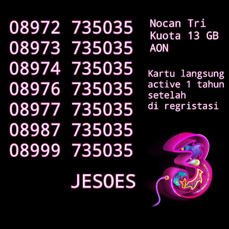 Nocan Nomor Cantik JESOES Kartu Perdana Tri 4G Kuota 13GB AON Pulsa 10000