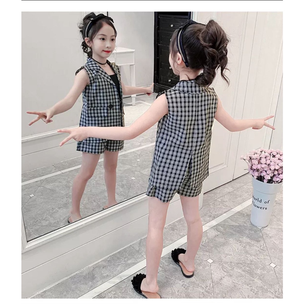 SETELAN BLAZER ANAK PEREMPUAN / SET JAS ANAK CEWEK USIA 5-8 tahun / St MLK 3in1 kid / Setelan pendek anak / Blazer anak set kotak kotak+ celana/ go girl