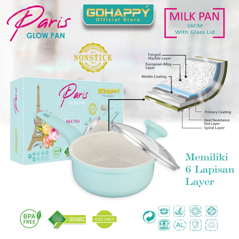 MIZUKI PARIS Milk pan Gohappy Anti lengket white marble GHP02 TOSCA - Panci susu 16 cm Glow pan