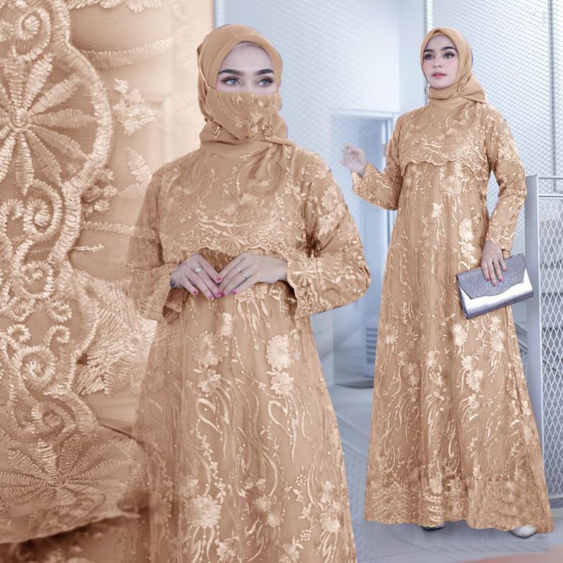 (NEW) SONATA - Baju Gamis Full Brukat Brokat Remaja Wanita Perempuan Ibu Muslim FREE PLUS Masker Uku
