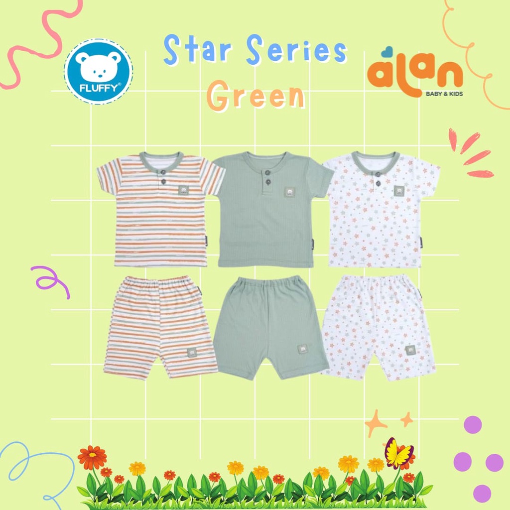 Fluffy Stelan Oblong Lengan Pendek Celana Pendek isi 3 - Star Series Green (FY-SOD3)