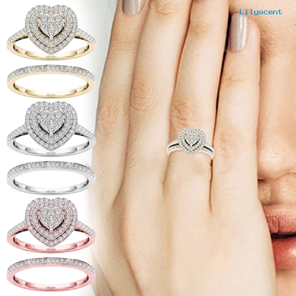 2pcs / Set Cincin Berlian Imitasi Bentuk Hati Bahan Alloy Untuk Pengantin Wanita