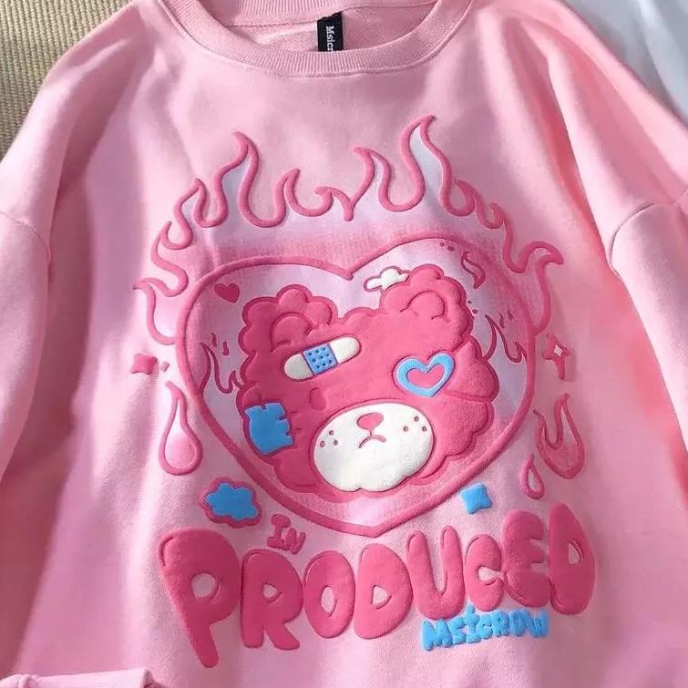 E7A2 ilook | Sweater Oblong Oversize Bear In Produced Miscrow Crewneck Bahan Fleece Sablon 3D QJM