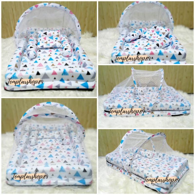 New Normal Kasur Kelambu Bayi Set Bantal Guling PREMIUM / Kasur Lipat Kelambu Bayi / Kasur Kelambu-triangle kolam blue