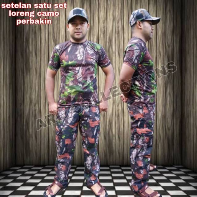 Setelan satu set celana kaos dan topi bdu loreng PERBAKIN CAMO HUNTING/army lapangan tactical outdor