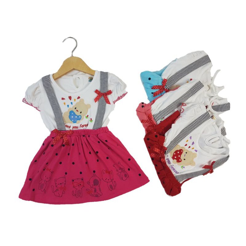 DRESS FASHION BAJU ANAK PEREMPUAN OVERALL MOTIF KUCING MEOW POLKADOT