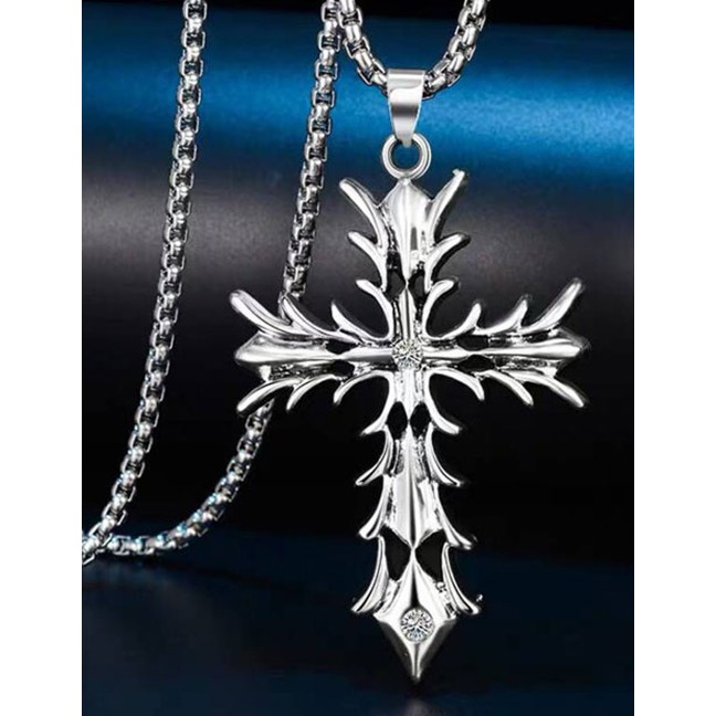 LRC Kalung Fashion Silver Metal Flame Cross Long Necklace A57451
