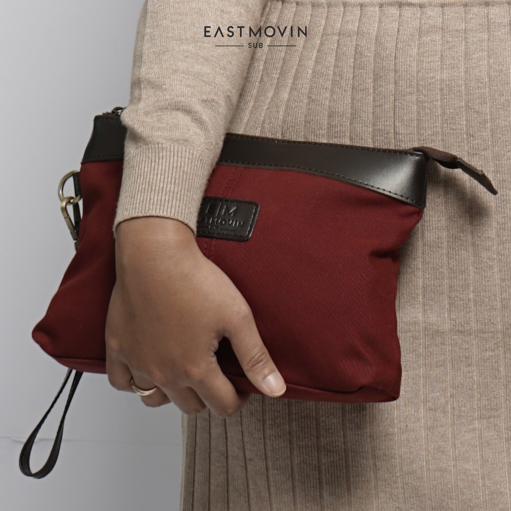 Tas Tangan Handbag Clutch Eastmovin Oliver Pouch Cewek Cowok Merah Maroon Kanvas TEBAL Kulit Asli