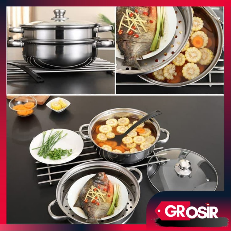 Grosir - H873 Panci Kukus 2 Tingkat / Set Panci Steamer Stainless 2 in 1 / Cookware / Panci Stainles