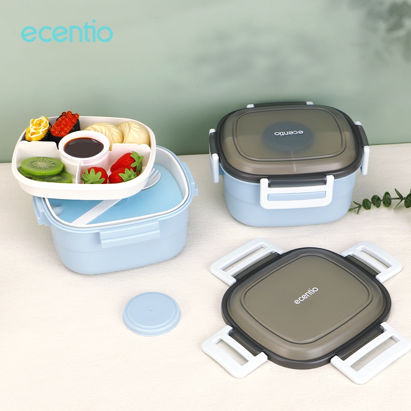 ecentio &amp; FOODI 1.6L tempat makan anak 2/3 susun icy block lunch box set anti tumpah biru salad/lunch box set 1600ml tempat bekal/double-layer lunch box set/Free sauce cap/Free sendok set