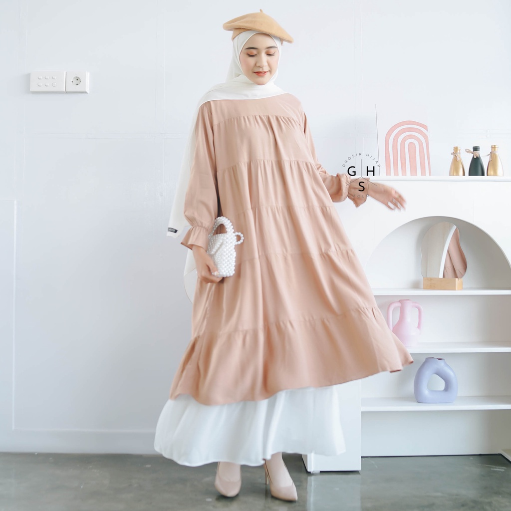 Baju Tunik Midi Dress Korean Style Fashion Muslim Syri Jumbo Bahan Rayon Polos Premium Ori Resleting