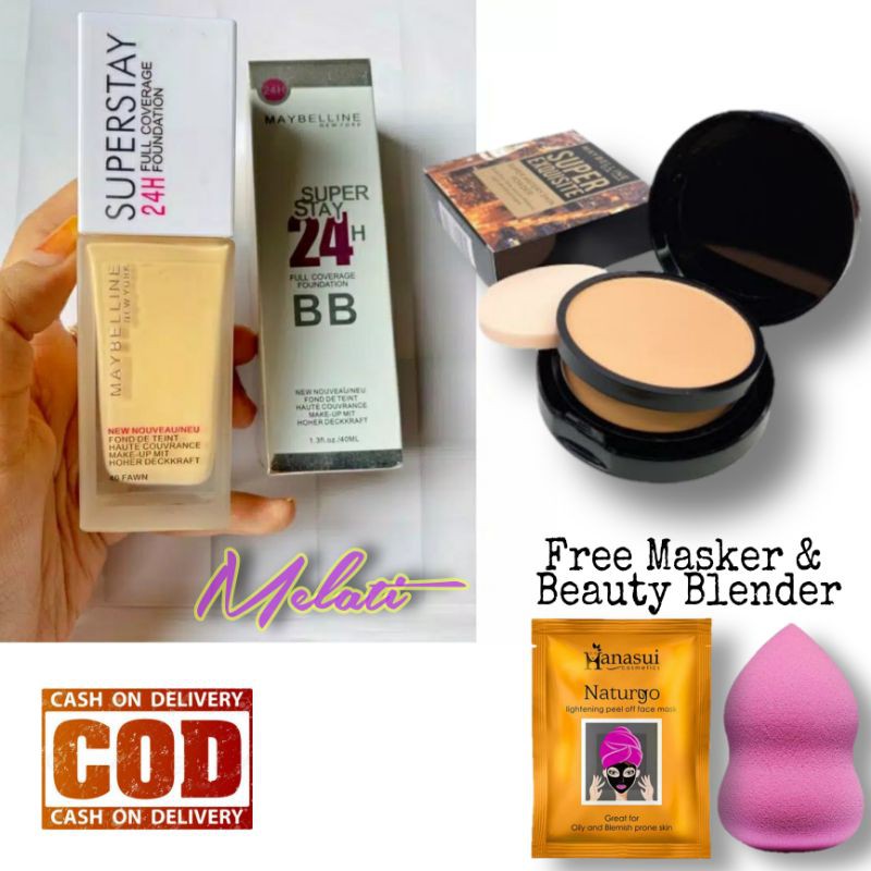 Maybelline Foundation SuperStay 24H + Bedak SuperExquisite 2 In 1 Gratis Beauty Blender &amp; Masker Naturgo