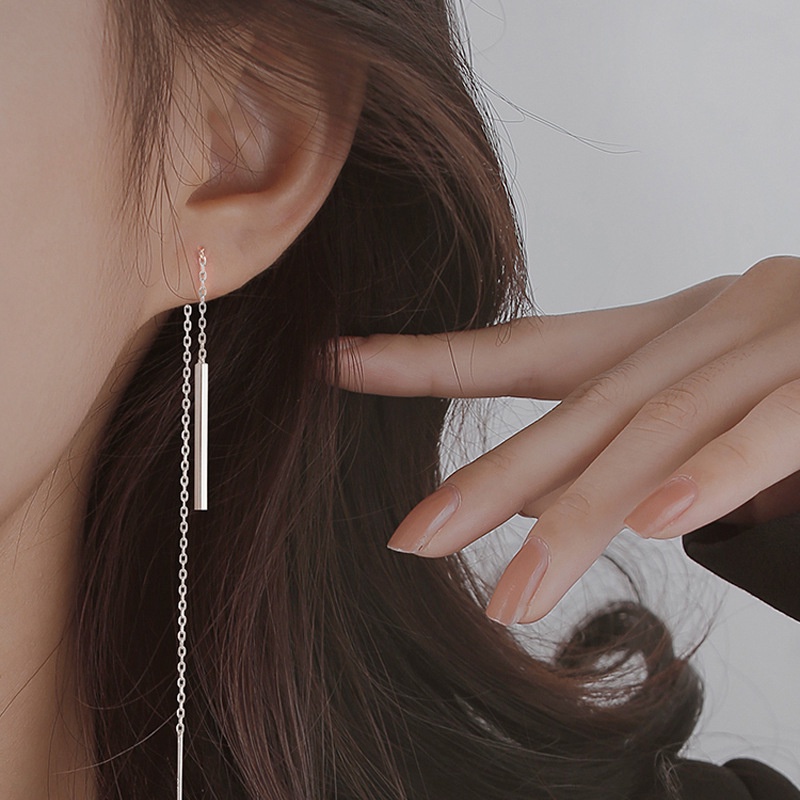 12 Cm 100% Nyata S925 Kawat tremella Anting-Anting Benang Telinga Menjuntai Anting-Anting Persegi Panjang Korea Fashion Perhiasan Hadiah