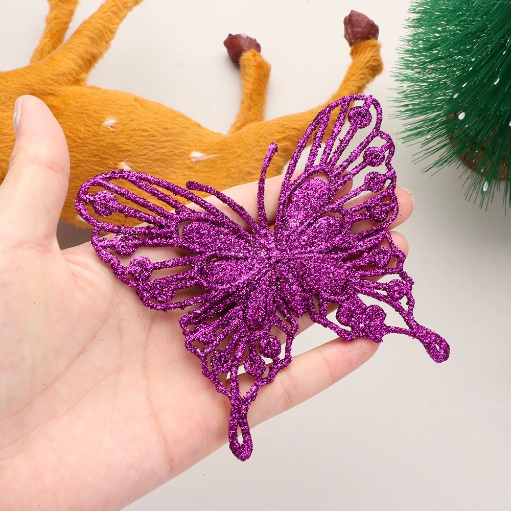 Hiasan Ornamen Natal Kupu-Kupu Glitter Hollow Butterfly Ornamen Natal Untuk Dekorasi Pohon Natal