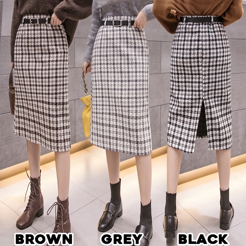 KARAKOREA 7707 Tweet Fur Midi Skirt + Belt/Korean Midi Skirt/Rok Midi/Office Skirt/Rok kerja