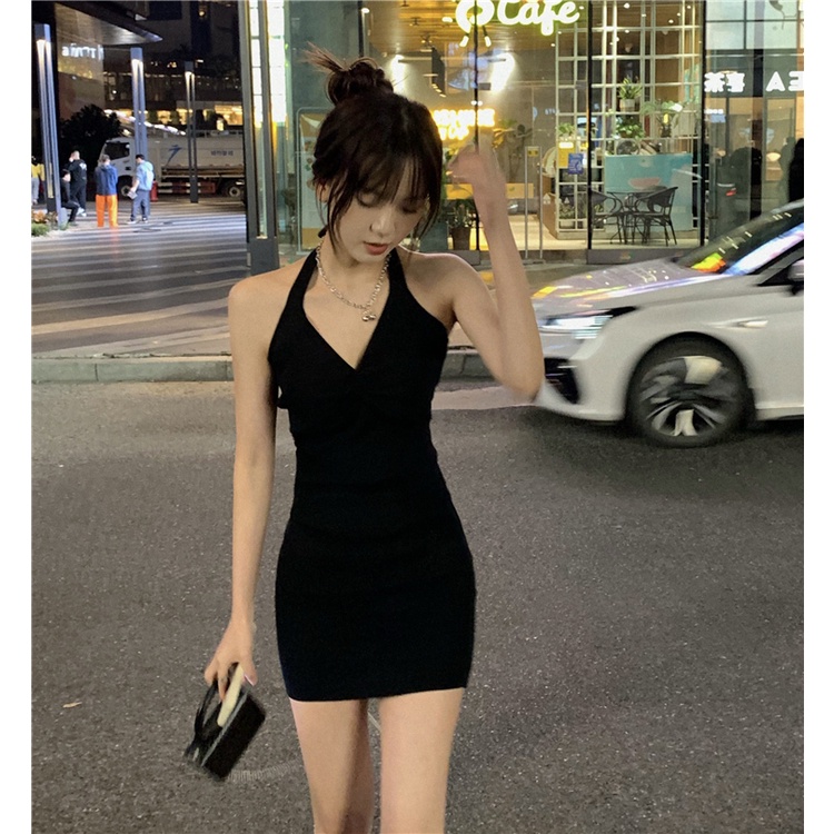 Dress Seksi Sweet Import Warna Hitam Dress Leher Halter French Cute Dress Santai Dress Murah Wanita Black