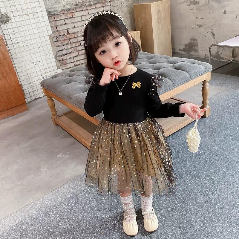 Dress Anak Prinicess Lengen Panjang Hitam Motif Star