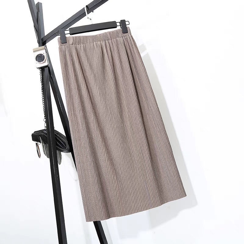 Han Fan Chic Rok Setengah Badan Rajutan Pinggang Tinggi Rok Lipit Terlihat Langsing Wanita Rok A-Lin