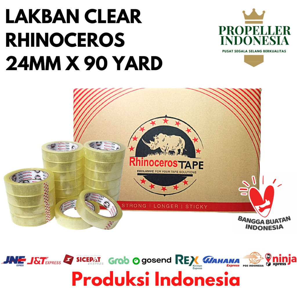 Lakban Bening RHINOCEROS Tape Lakban Clear 24MMx90Yard @144Pcs/Dus