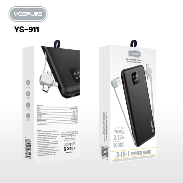 【33LV.ID】POWERBANK 10000MAH YS-911 Fast Charging Murah Mini LCD with Kabel Data lightning Type C Micro USB