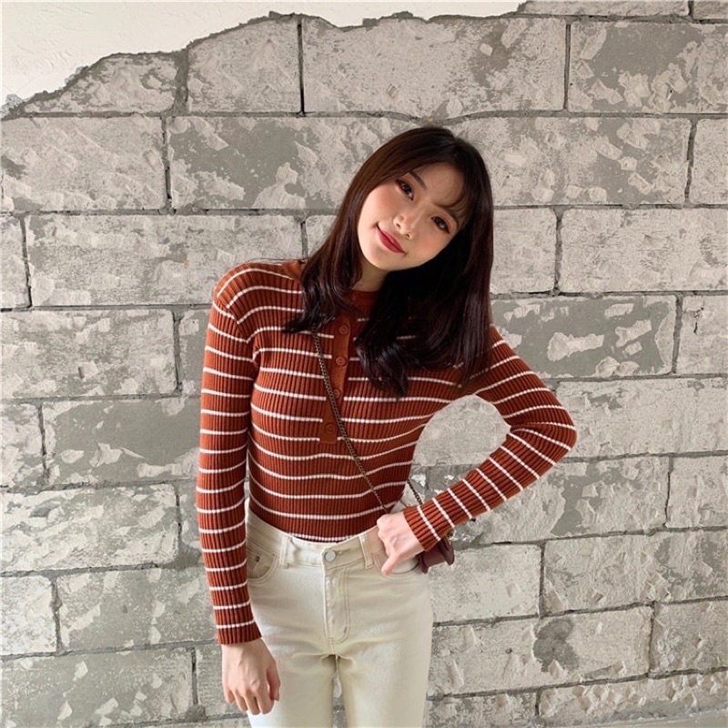 Atasan wanita Baju Rajut Oneck stripe lengan panjang