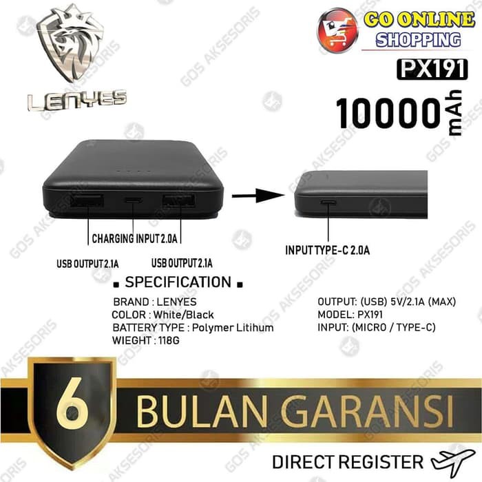 DA POWERBANK LENYES SLIM PX191 10000 mAh ORIGINAL DIRECT REGISTER PALING LARIS