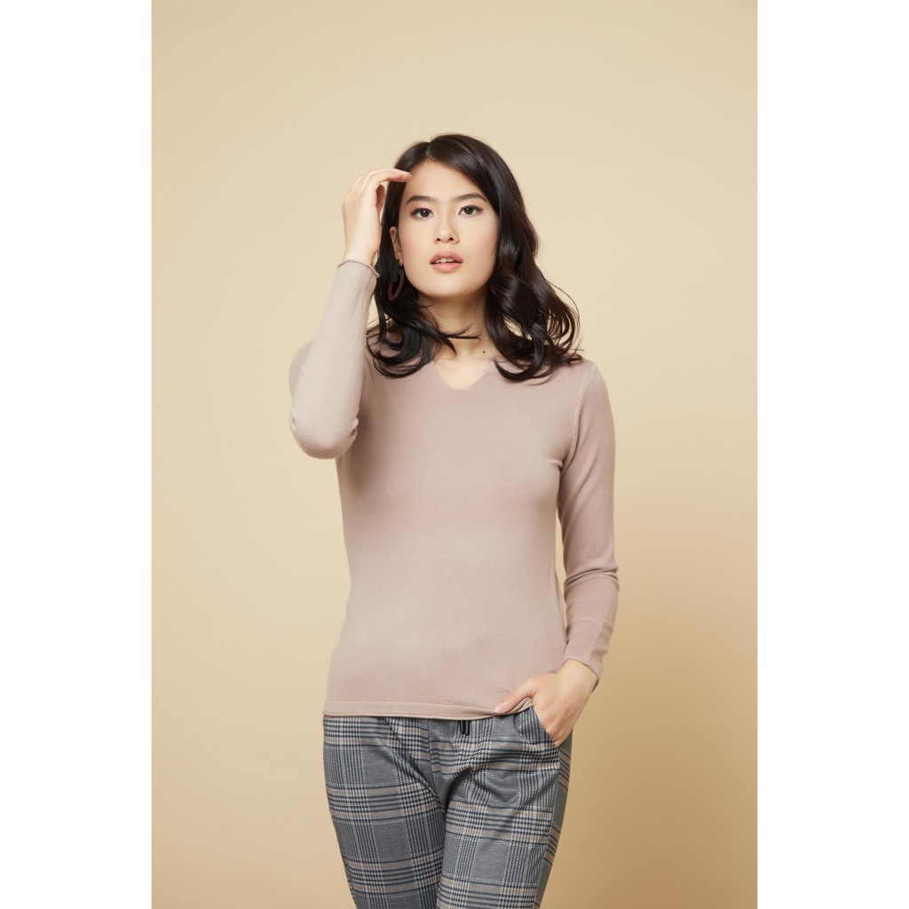 Peach Poppy Nala Top - Atasan Wanita Kaos Basic Lengan Panjang Kerah V