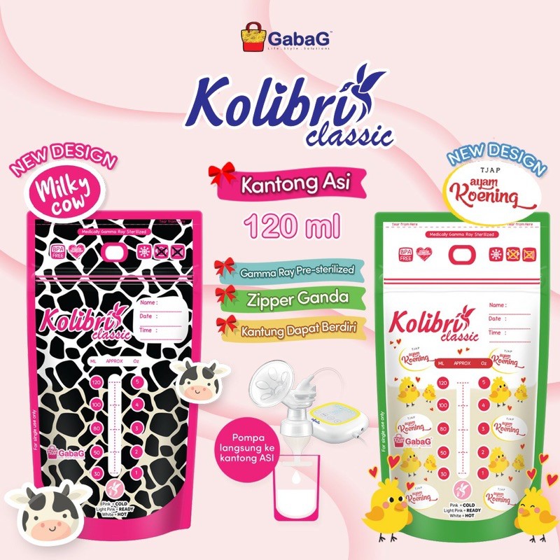 Gabag KANTONG ASI 120ml KOLIBRI Smart Rasa Boba / Classic Boys Girls Milky Cow Ayam Koening Bear Whale - Breastmilk Storage 120 ml isi 30 pcs NEW !