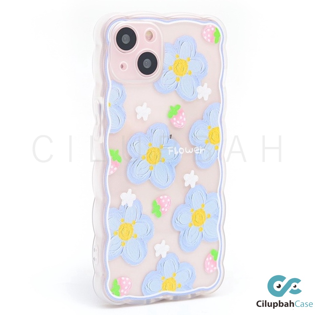 Soft Case Strawberry With Blue Flowers Wavy Side Full Lens Cover For iPhone 7 8 PLUS XR X XS MAX 11 12 13 MINI PROMAX