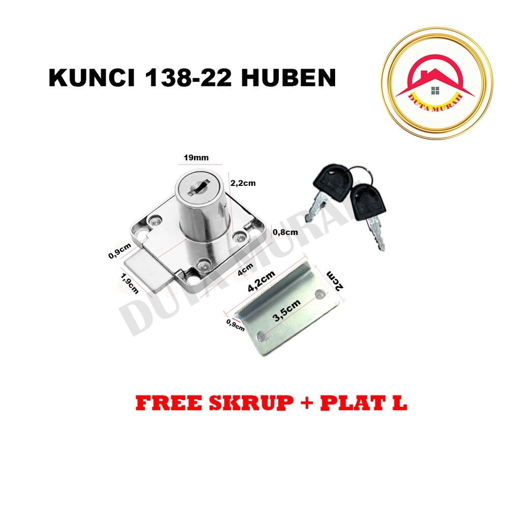 Kunci Loker Lemari Huben / Laci HL 138 22 mm Camlock Besi Plat... Free Skrup .. Free Kunci Tahanan L