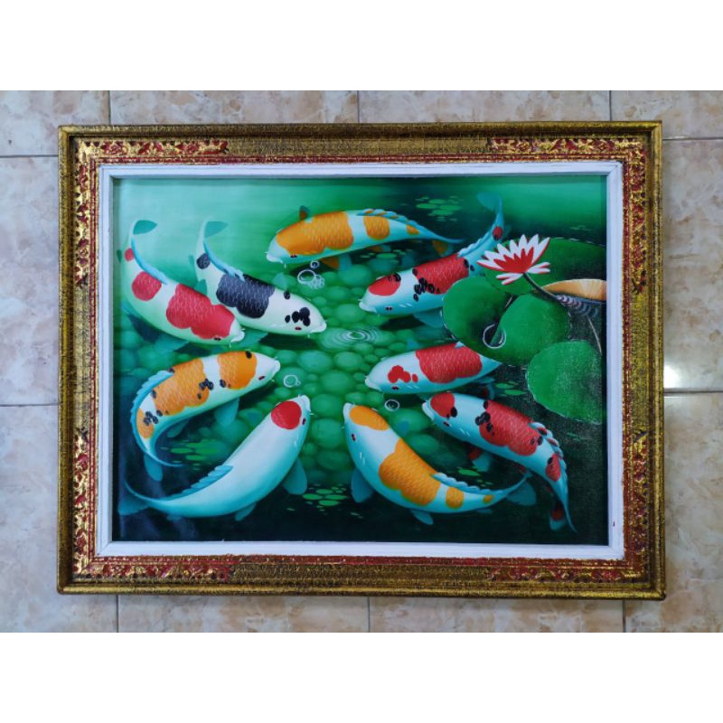 Lukisan ikan koi lengkap dengan bingkai Bali